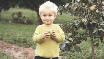 Niño en la ciudad de Quebec comiendo una manzana de un manzano plantado por Emondage Quebec.